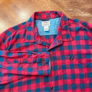 LL Bean Red and Blue Plaid button down shirt with denim accents XL